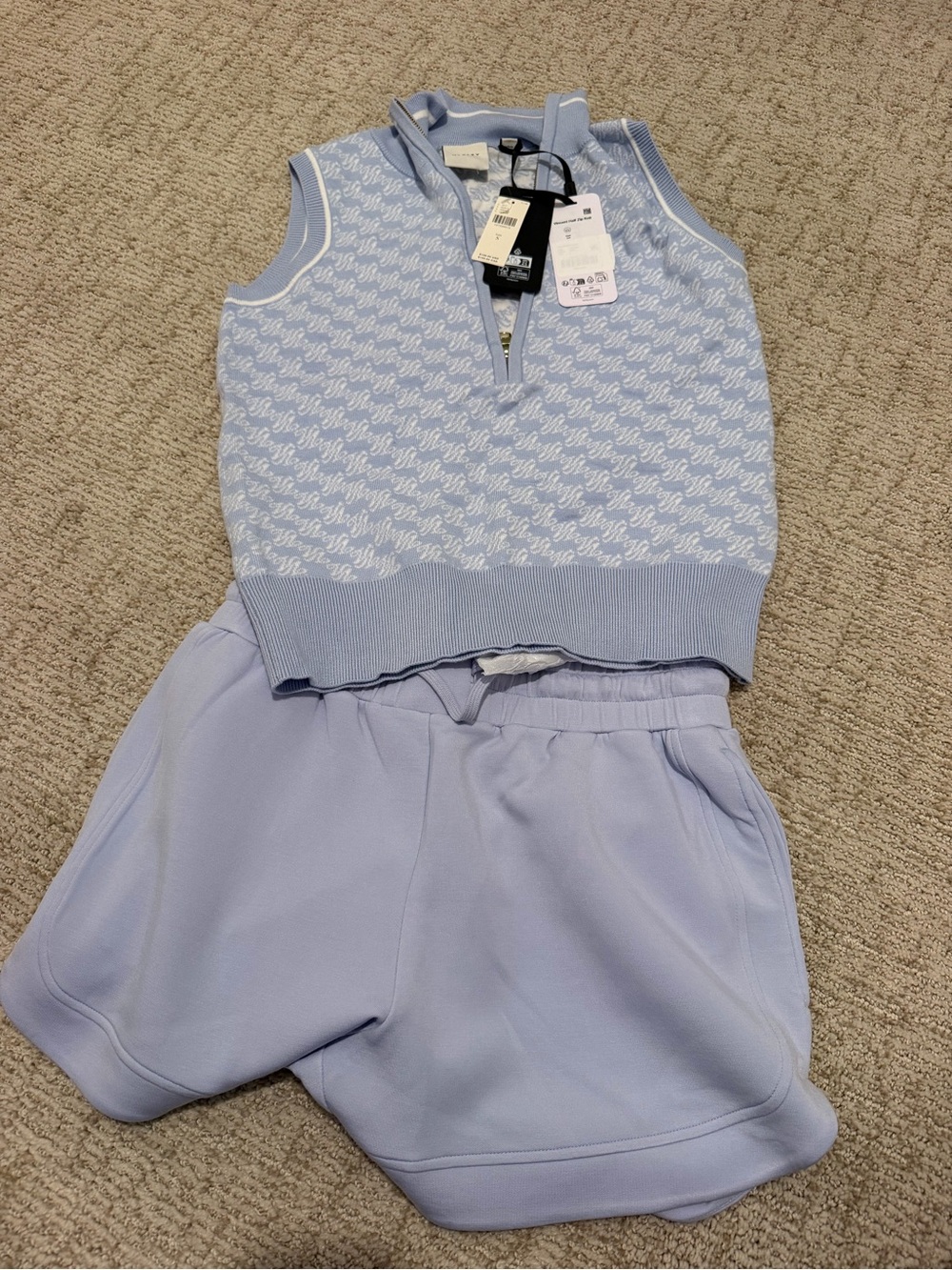 Varley Light Blue Sleeveless Knit Hoodie and Shorts Set